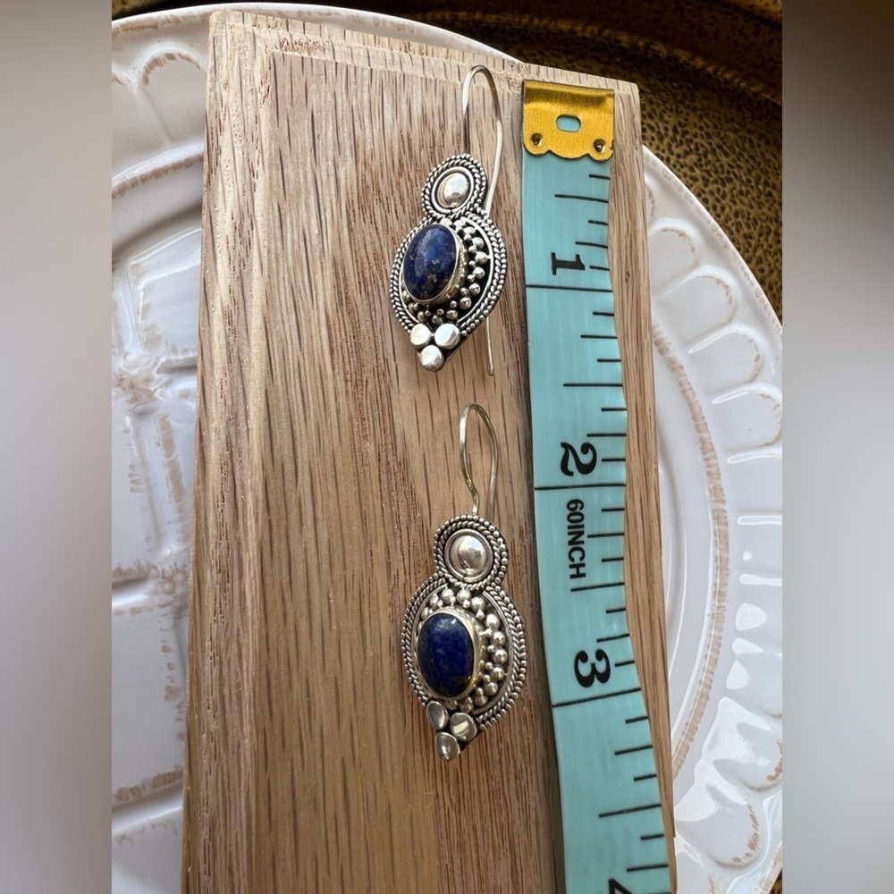 Oval Dangle Earrings Vintage Sterling Silver 925 NOS Blue Stone - Picture 5 of 5